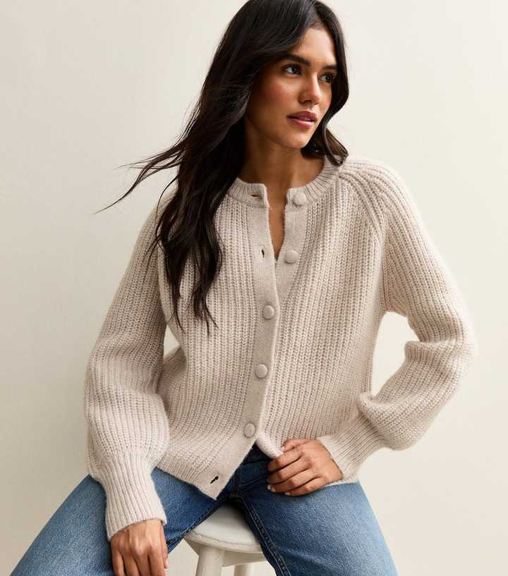 Cream Ribbed Knit Raglan Sleeve Cardigan