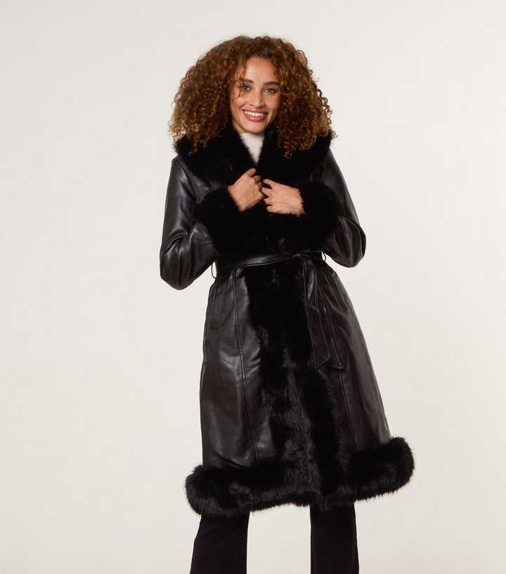 Blue Vanilla Black Faux Fur Trimmed Faux Leather Midi Coat