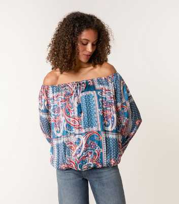 Blue Vanilla Teal Bardot Puffball Hem Paisley Print Blouse