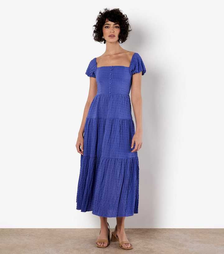 Apricot Blue Checked Puff Sleeve Midi Dress