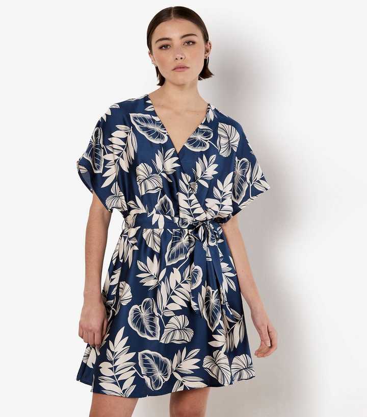 Apricot Navy Palm Print Satin Kimono Mini Dress