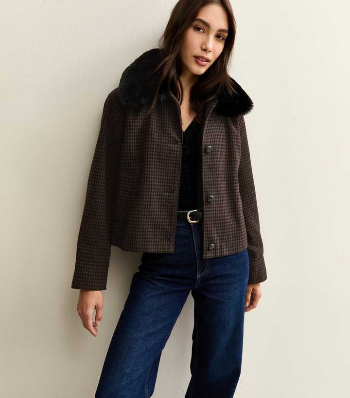 Brown Faux Fur Collar Check Jacket