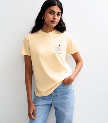 Light Yellow Bee Happy Print Relaxed Fit T-Shirt | New Look