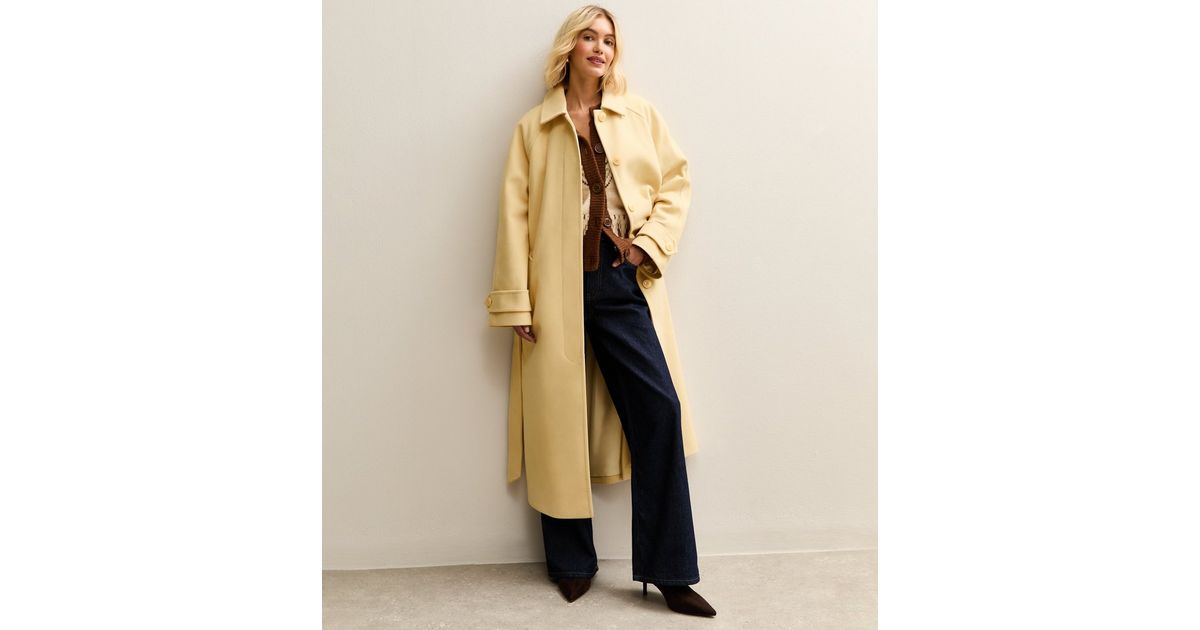 Yellow Button Up Belted Coat New Look