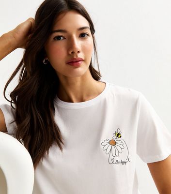 White Bee Happy Print Relaxed Fit T-Shirt | New Look