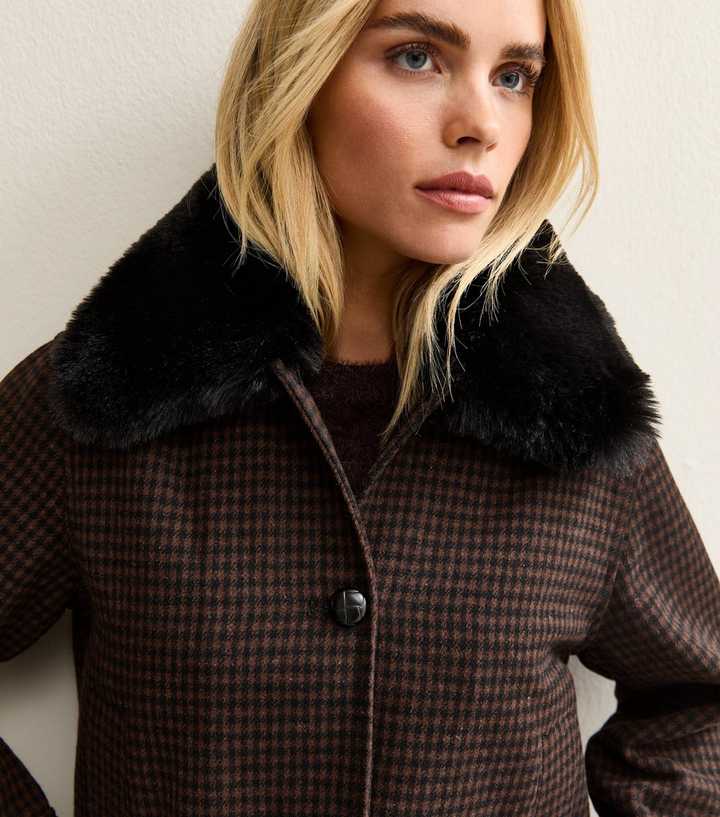 Petite Brown Check Fluffy Collar Jacket