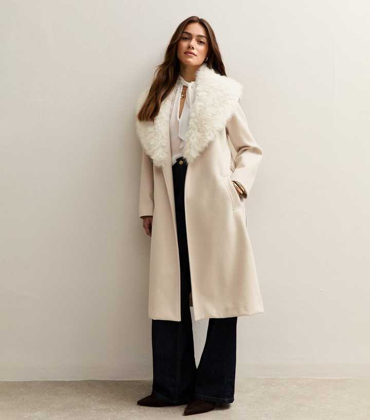 Petite Stone Faux Fur Collar Belted Coat