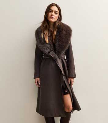 Petite Dark Brown Faux Fur Collar Belted Coat