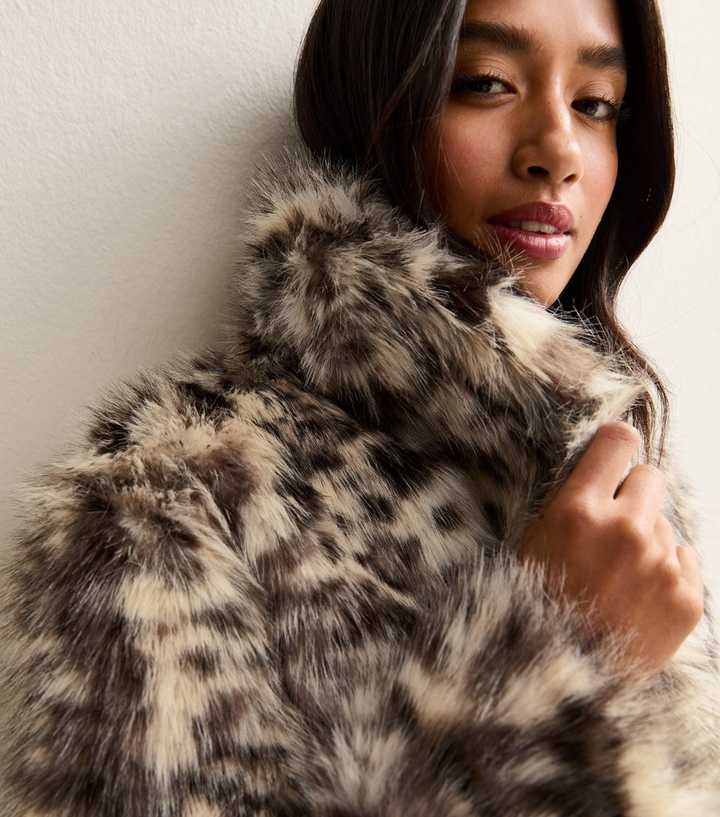 Petite Brown Animal Print Faux Fur Coat
