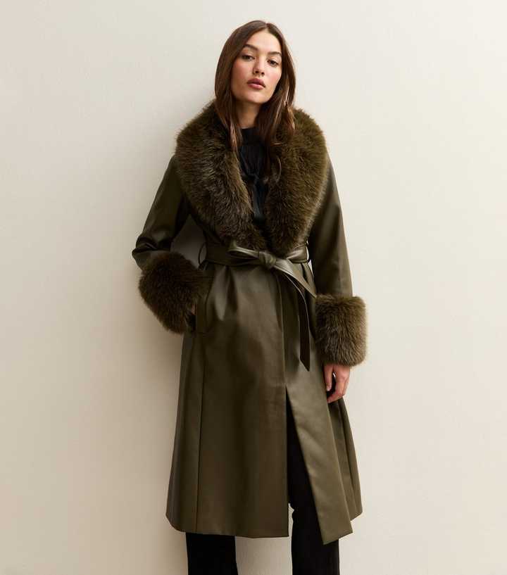 Khaki Faux Leather Faux Fur Trim Longline Jacket