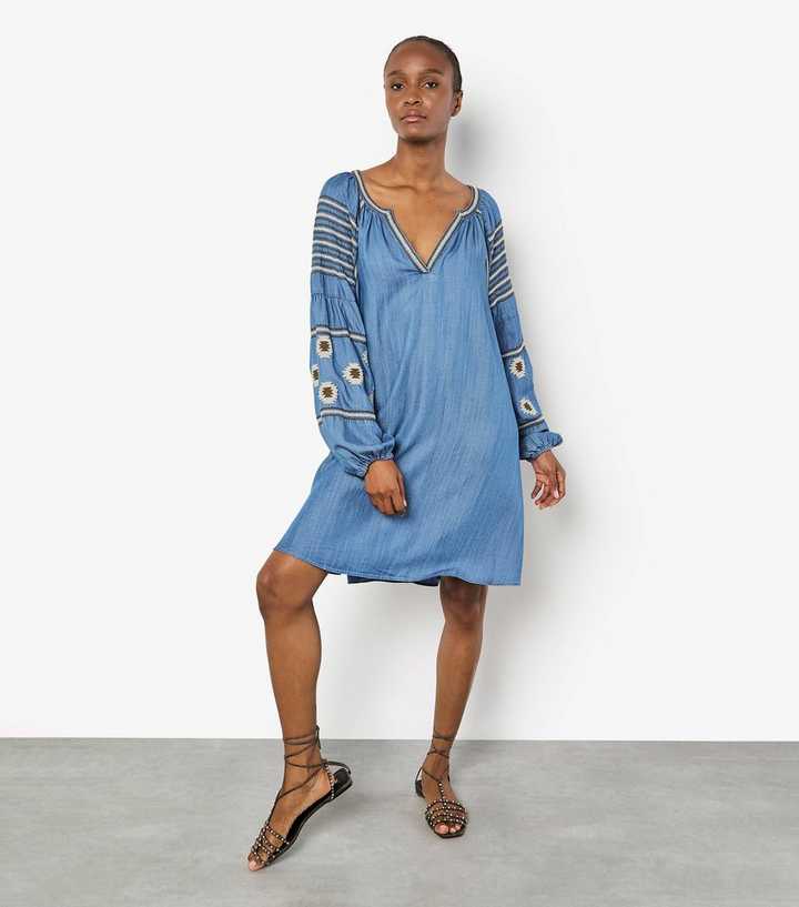 Apricot Blue Denim Embroidered Mini Dress