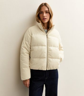 Cream Corduroy Cropped Puffer Jacket