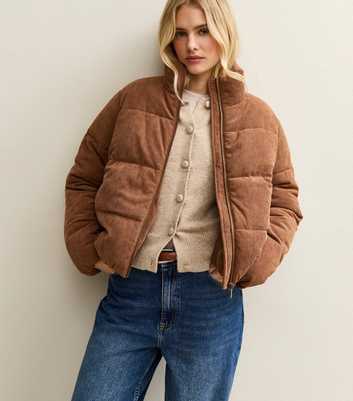 Tan Corduroy Cropped Puffer Jacket