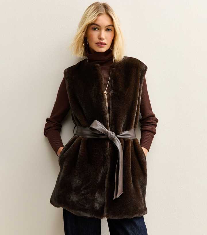 Dark Brown Faux Fur Belted Gilet