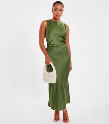 QUIZ Petite Dark Khaki Satin Ruched Midaxi Dress