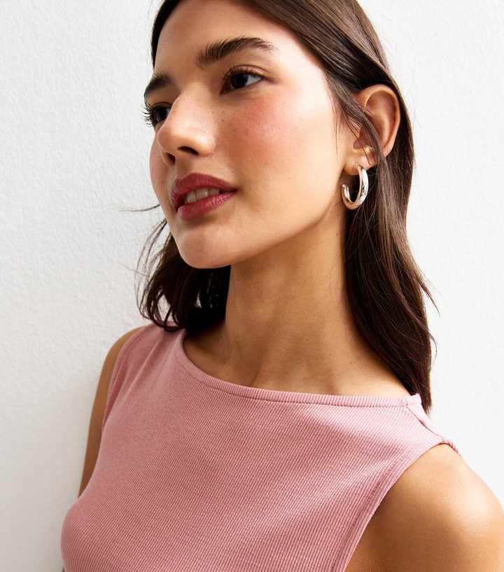 Pink Ribbed Slash Neck Vest Top