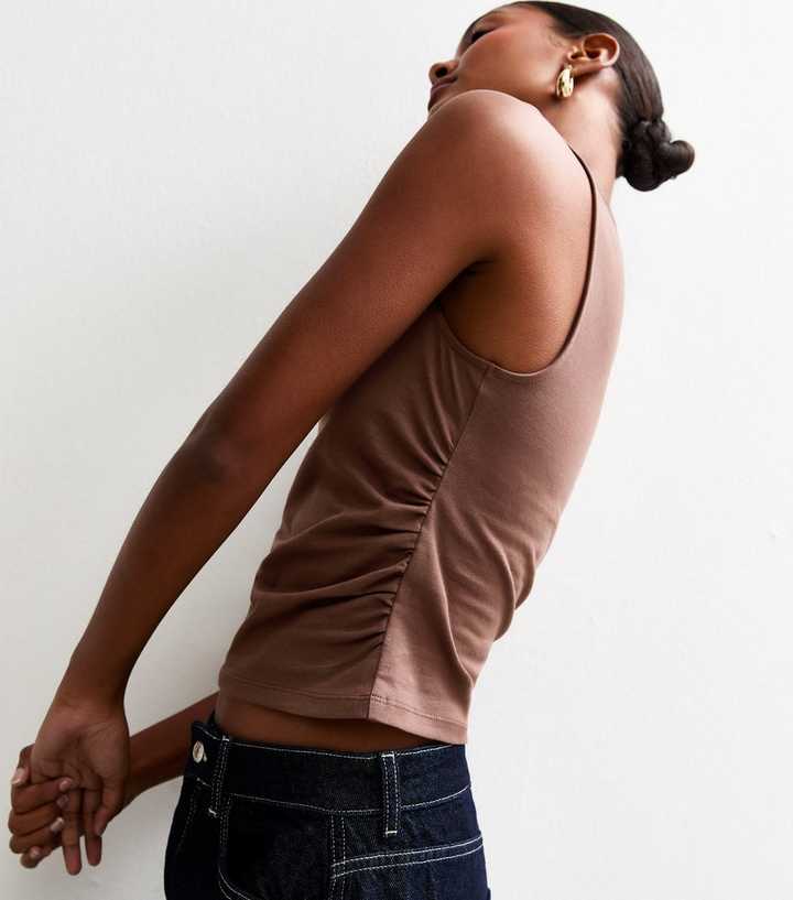 Dark Brown Ruched Waist Sleeveless Tank Top