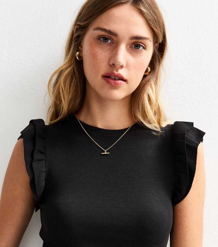 Black Ribbed Frill Sleeve Vest