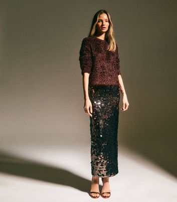 Dark Brown Sequin Midi Skirt