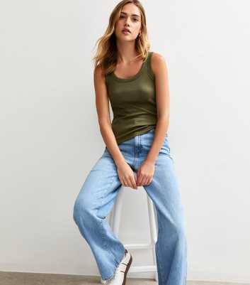 Dark Khaki Wide Strap Scoop Neck Ribbed Vest
