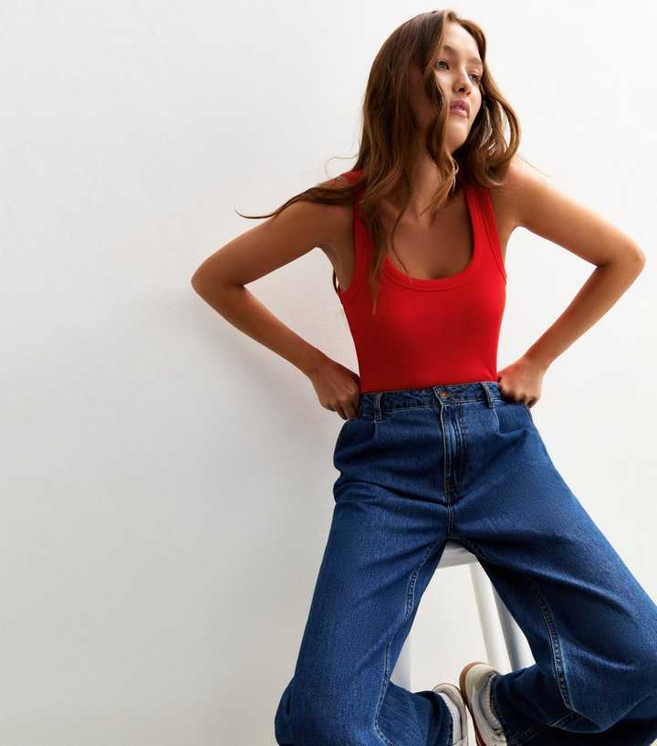 Red Wide Strap Scoop Neck Ribbed Vest