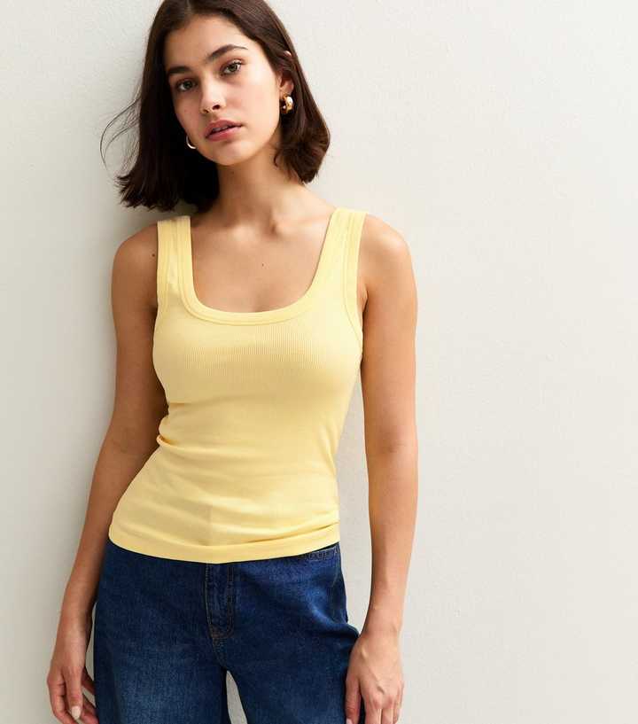 Light Yellow Wide Strap Scoop Neck Ribbed Vest