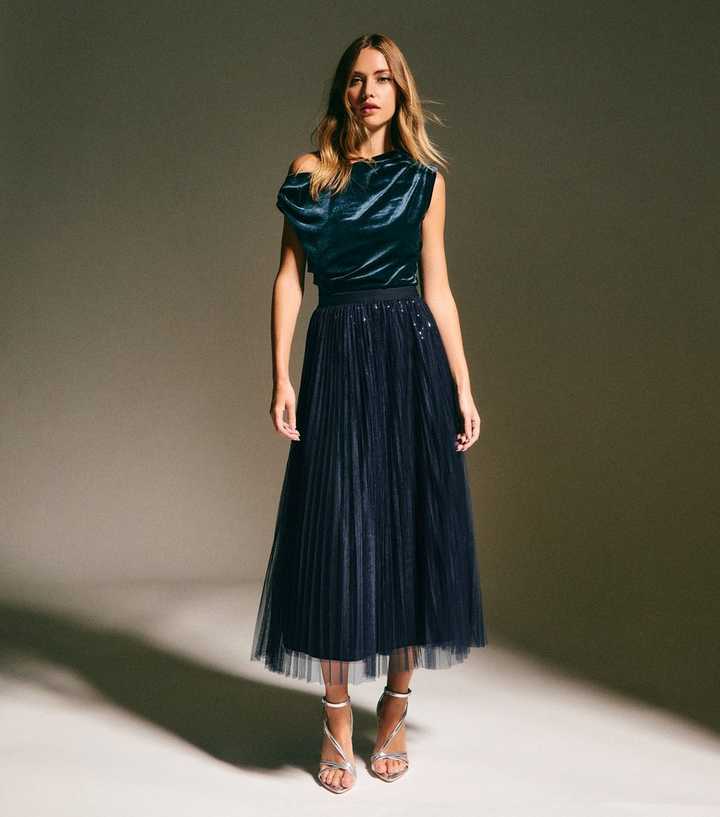 Navy Sequin Tulle Midi Skirt