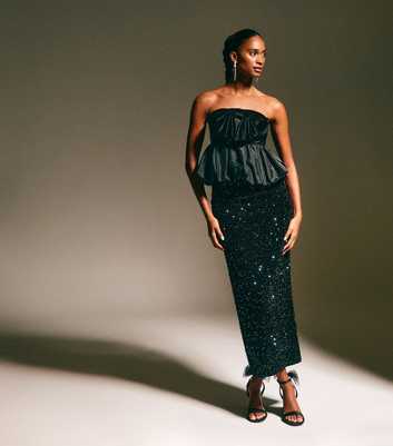 Black Velvet Sequin Embellished Midi Skirt