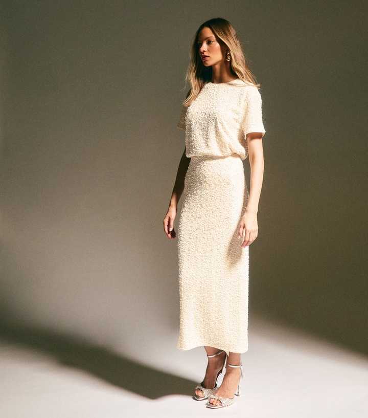 Cream Velvet Sequin Embellished Midi Skirt