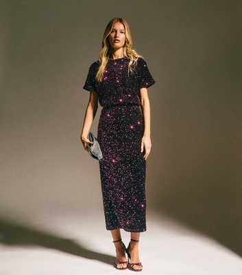 Burgundy Velvet Sequin Embellished Midi Skirt