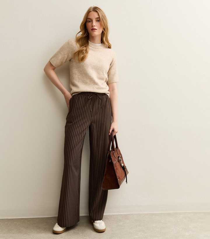 Brown Pinstripe Wide Leg Trousers