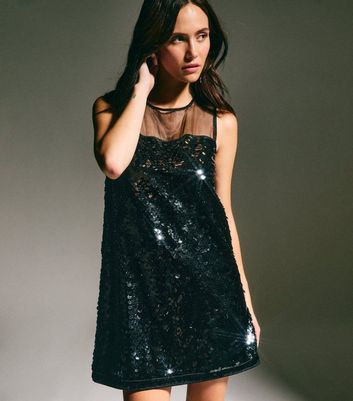 slim fit dress slacks Zapaka Women Black Short Party Dress Sparkly Sequin Deep V-Neck Bodycon Holiday Dress, Black / S