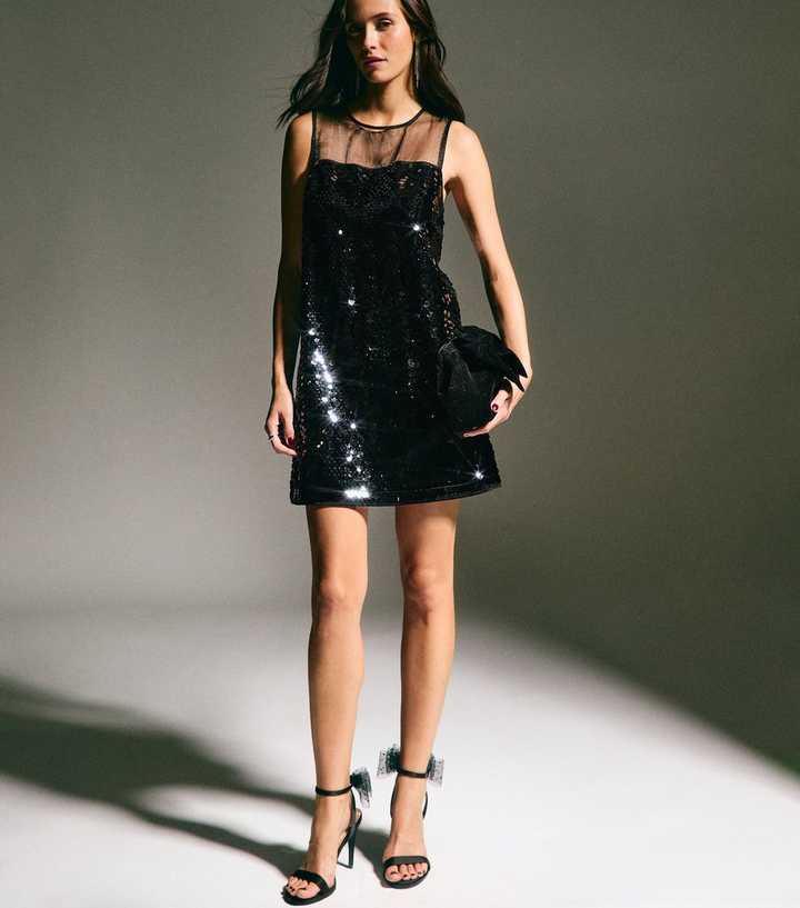 Black Sequin Embellished Mini Shift Dress | New Look