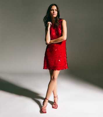 Bright Red Sequin Embellished Mini Shift Dress