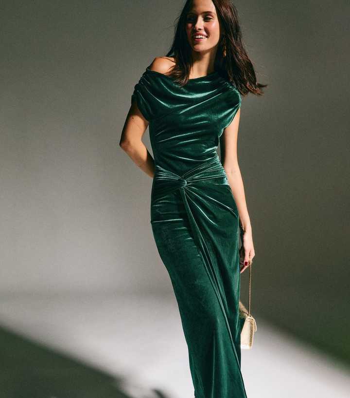 Dark Green Velvet Off The Shoulder Knot Waist Maxi Dress | New Look