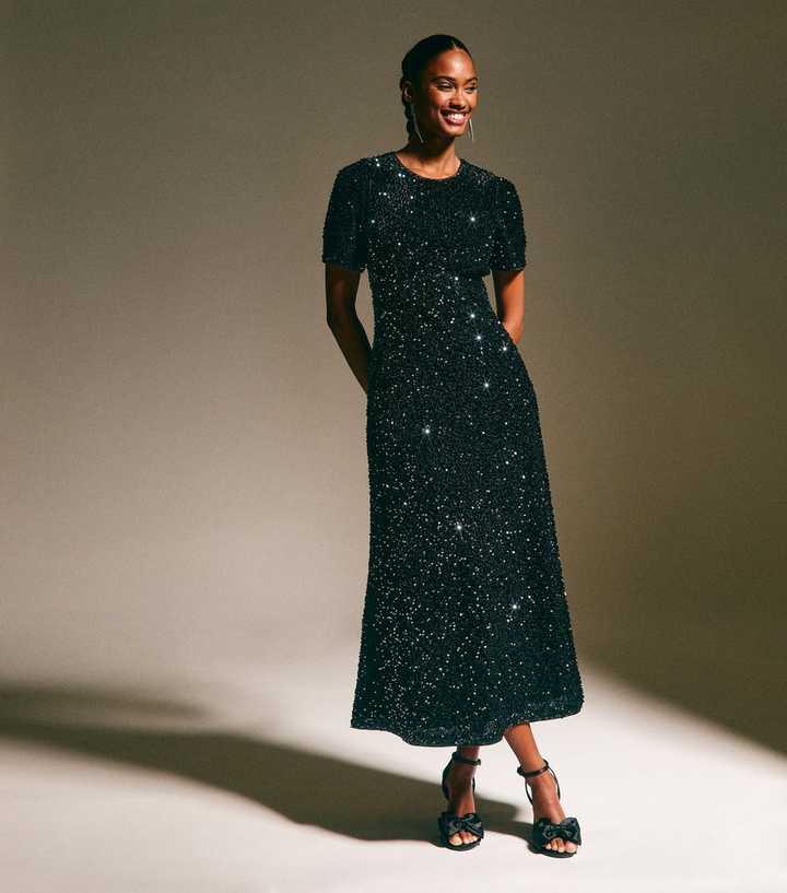 Black Velvet A-Line Midi Sequin Dress