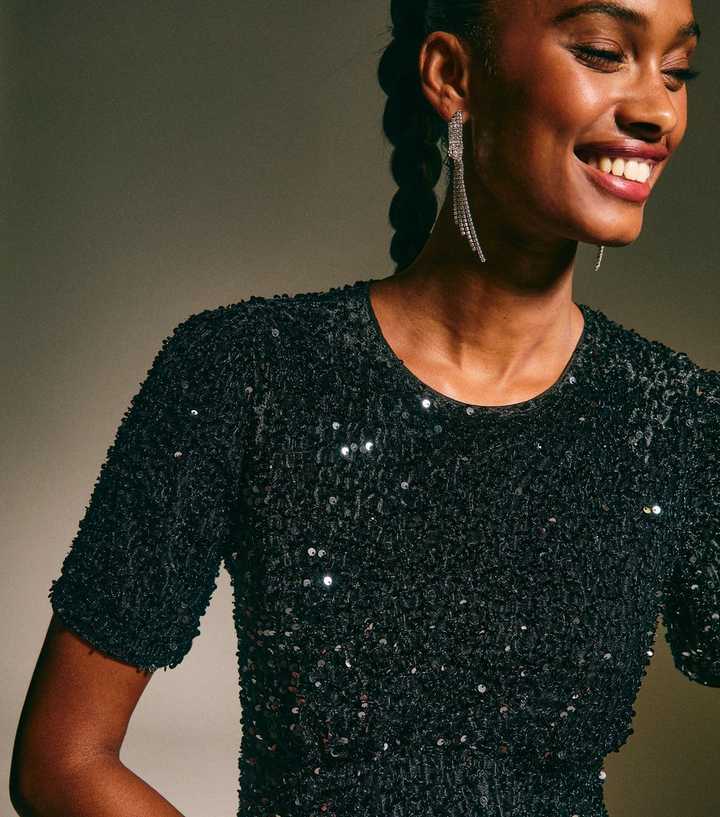Black Velvet A-Line Midi Sequin Dress