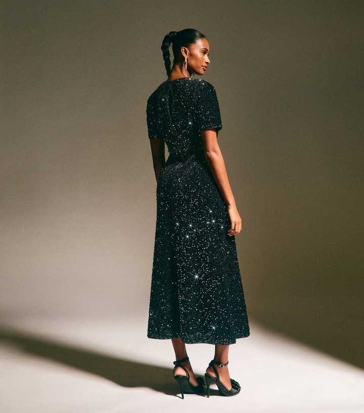 Black Velvet A-Line Midi Sequin Dress