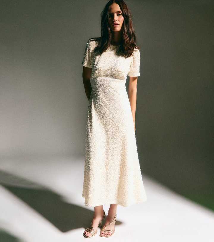 Cream Velvet A-Line Midi Sequin Dress