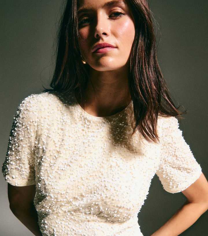 Cream Velvet A-Line Midi Sequin Dress