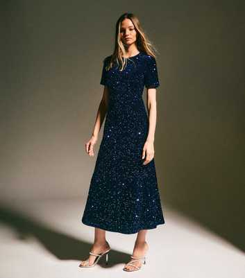 Navy Velvet A-Line Midi Sequin Dress