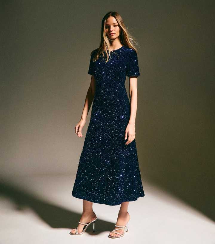 Navy Velvet A-Line Midi Sequin Dress