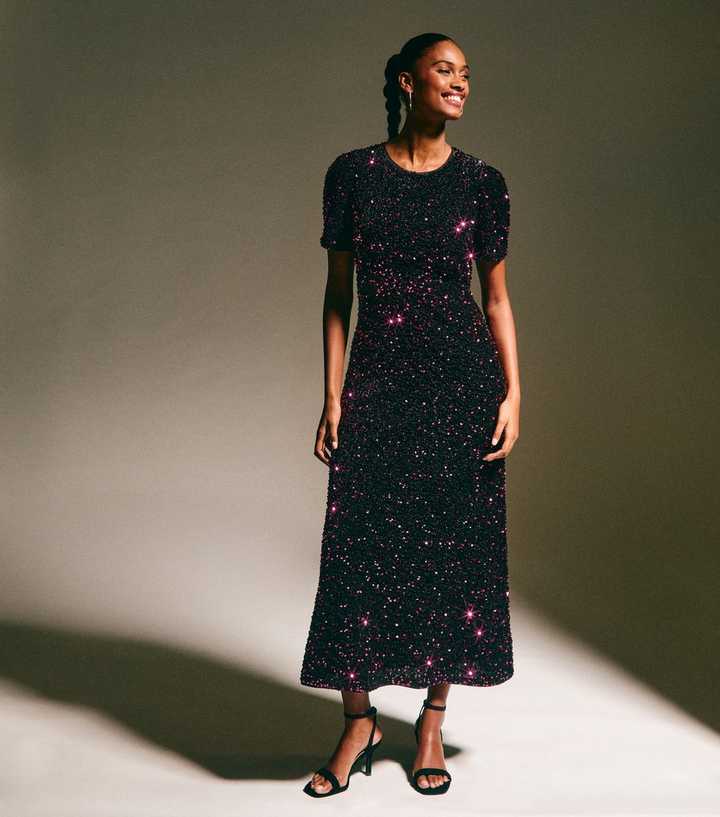 Dark Burgundy Velvet A-Line Midi Sequin Dress