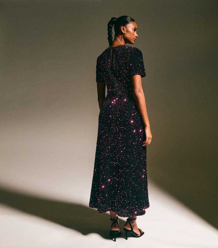 Dark Burgundy Velvet A-Line Midi Sequin Dress
