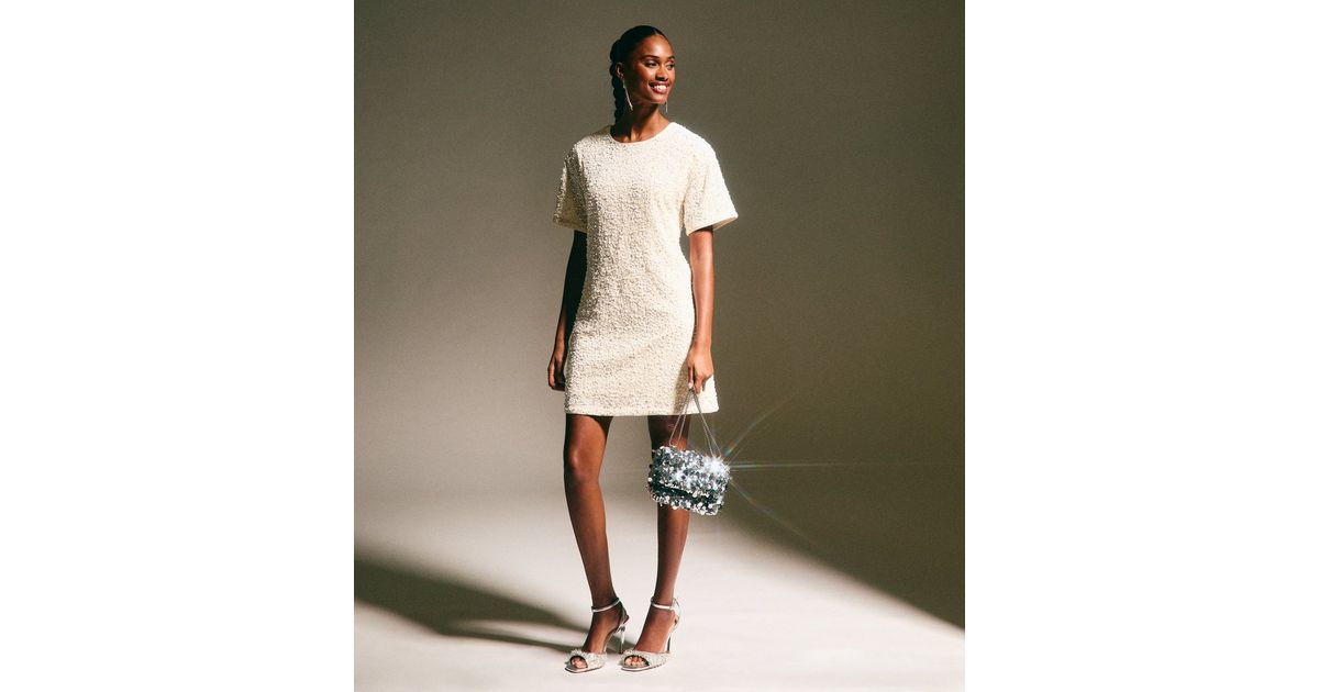 Cream Velvet Sequin T-Shirt Dress | New Look