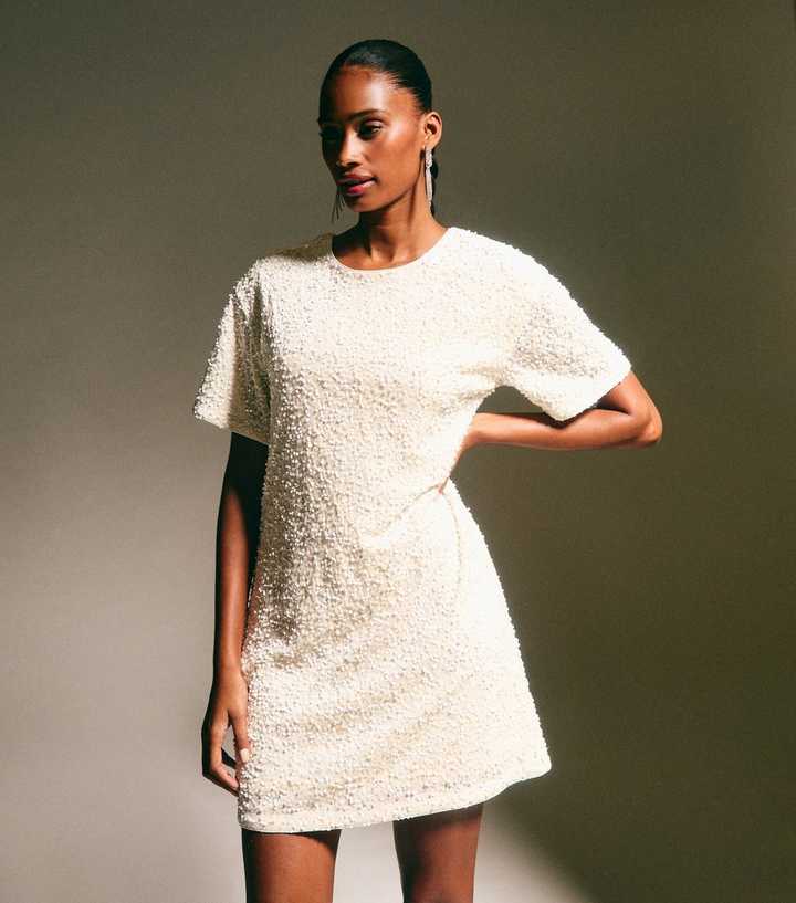 Cream Velvet Sequin T-Shirt Dress | New Look
