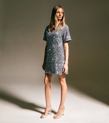 new look silver dress Silver Glitter Puff Sleeve Midi Dress