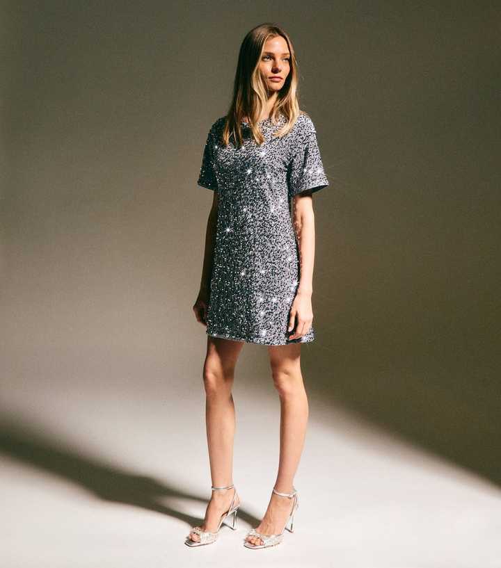 Silver Velvet Sequin T-Shirt Dress