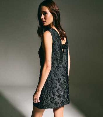 Black Metallic Floral Jacquard A-Line Mini Shift Dress