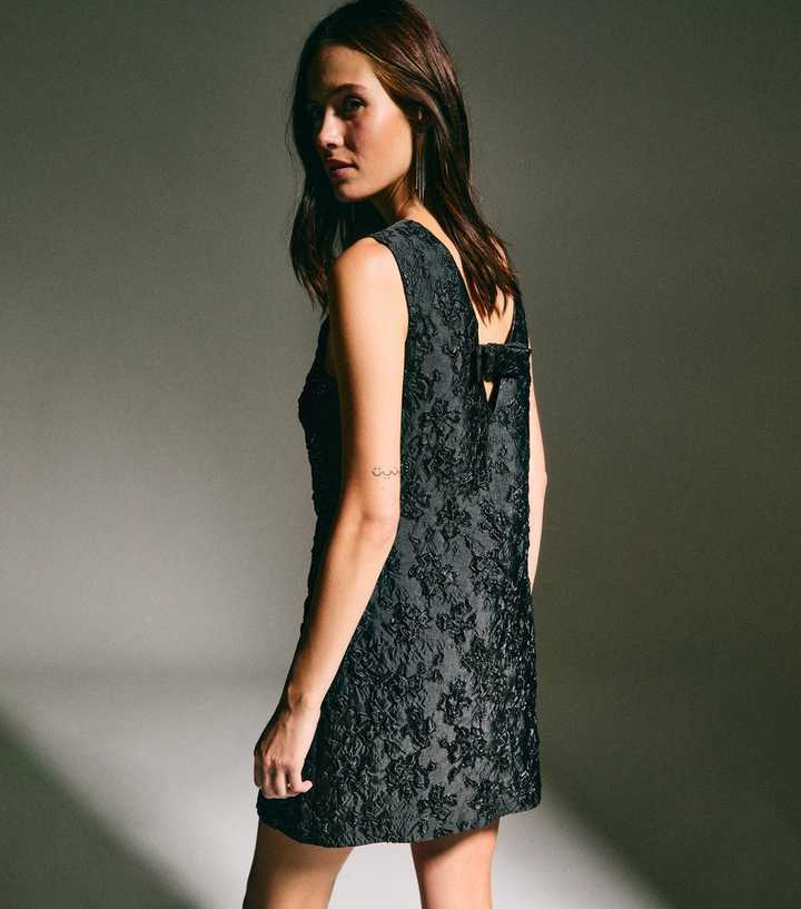 Black Metallic Floral Jacquard A-Line Mini Shift Dress